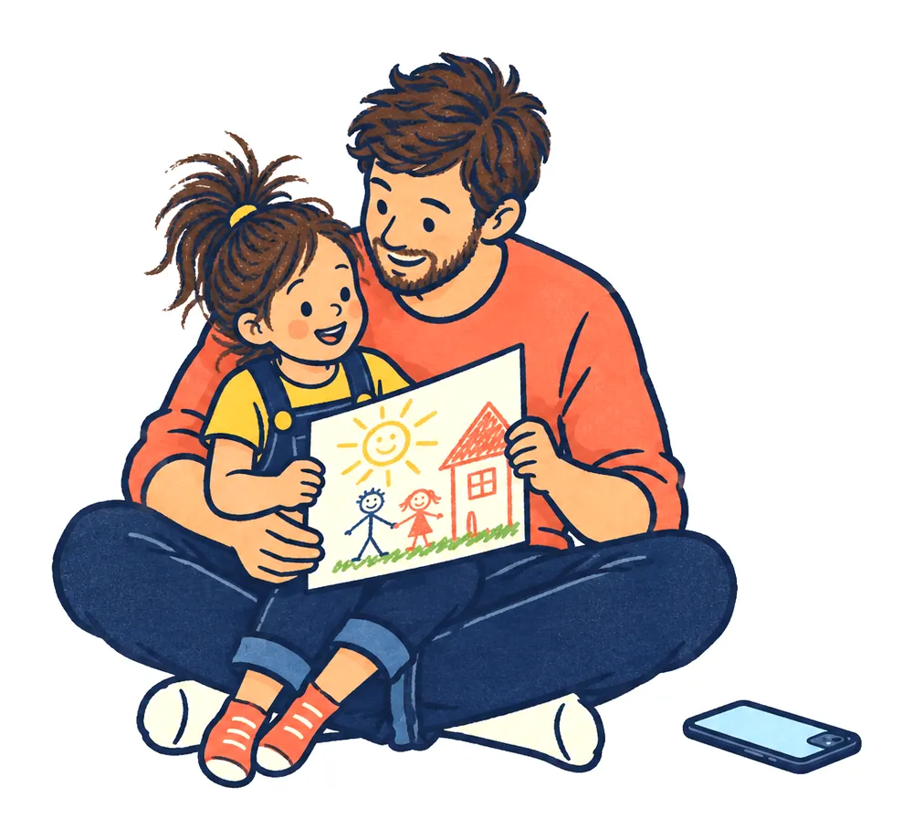 Illustration: Ein Vater sitzt im Schneidersitz auf dem Boden, seine Tochter auf dem Schoß. Gemeinsam halten sie ihre Zeichnung, das Handy liegt daneben auf dem Boden.