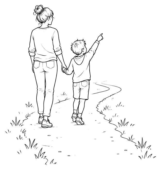 Illustration: Ein Elternteil und ein Kind gehen Hand in Hand einen geschwungenen Feldweg entlang, das Kind zeigt zum Drachen am Himmel.
