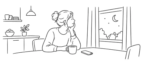 Illustration: Eine Mutter sitzt abends am Küchentisch, neben ihr eine Tasse und ein Handy, draußen der Mond.