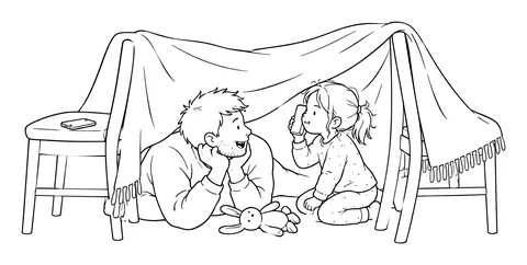 Illustration: Ein Vater liegt mit seiner Tochter in einer Höhle aus Decke und Stühlen, das Handy liegt draußen auf dem Stuhl.