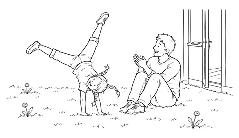 Illustration: Ein Kind schlägt auf der Wiese ein Rad, ein Vater sitzt im Gras und klatscht.