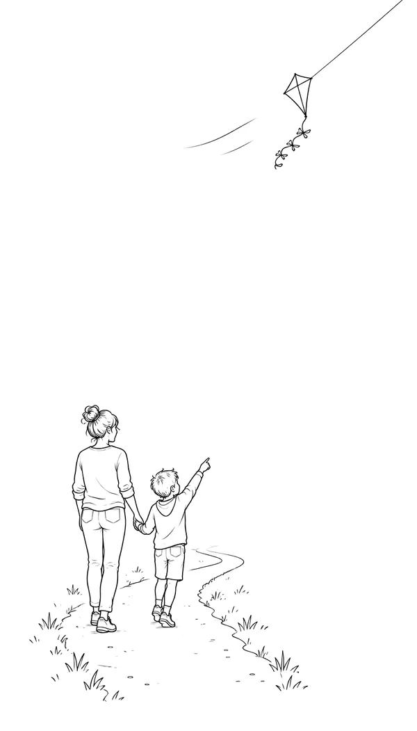 Illustration: Ein Elternteil und ein Kind gehen Hand in Hand einen geschwungenen Feldweg entlang, über ihnen ein Drachen.